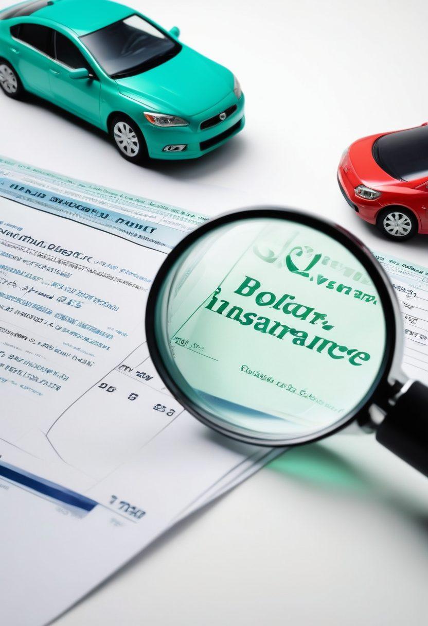 A visually engaging split-screen image showing two contrasting auto insurance providers' logos on either side, with a magnifying glass analyzing a detailed comparison of policies and rates in the center. Incorporate elements like car icons, dollar signs, and charts representing estimates. The background should be a blend of blue and green hues to convey trust and finance. super-realistic. vibrant colors. white background.