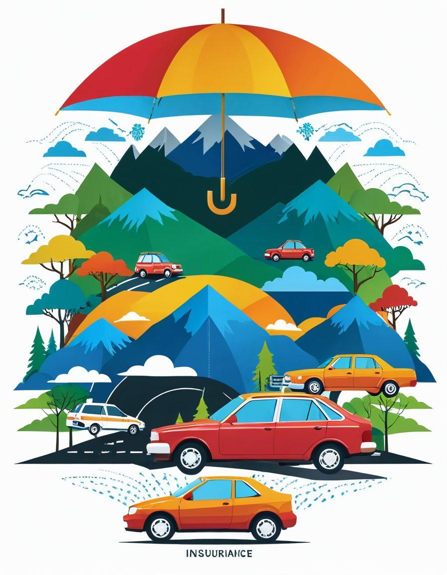 A visually engaging illustration of various types of vehicle insurance symbols, such as a shield, a car silhouette, and a document, arranged around a central car under a protective umbrella. The background should depict a roadmap with diverse landscapes. Incorporate vibrant colors to convey security and trust. stylish vector art. vibrant colors. white background.